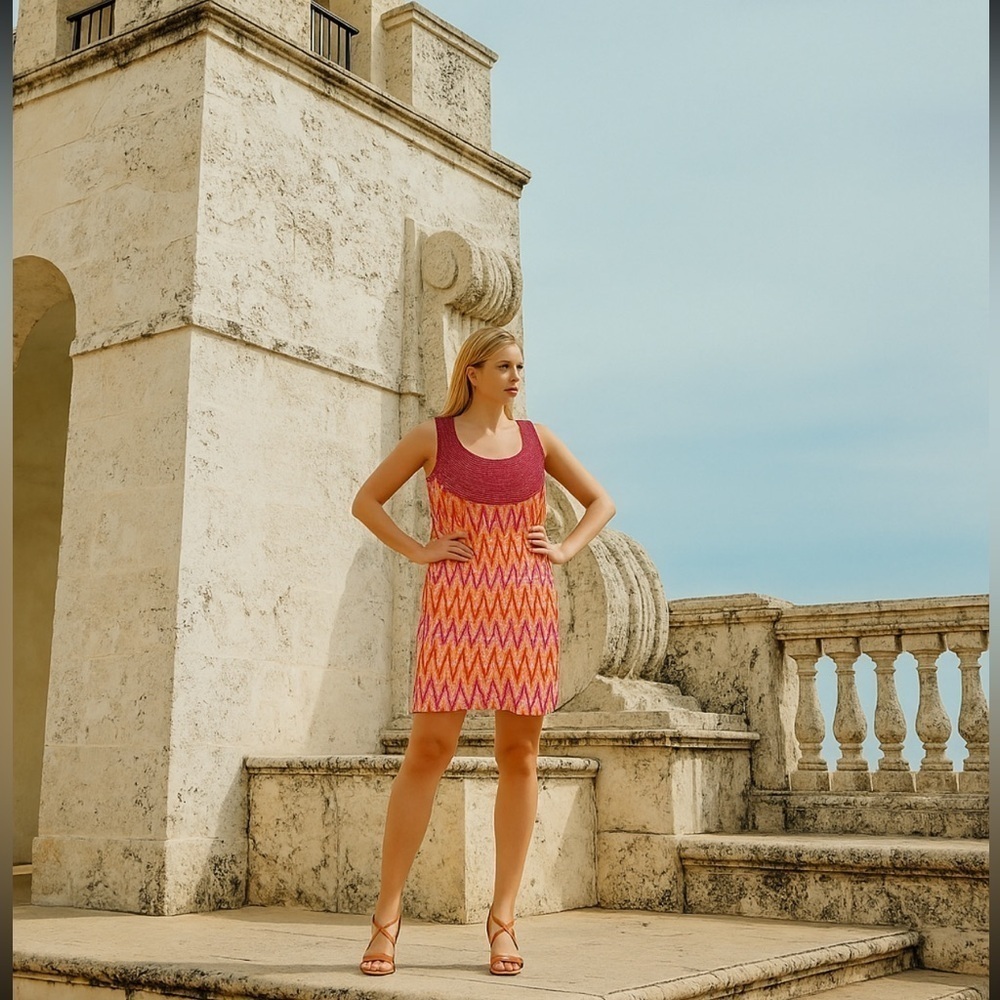 Gretchen Scott pink beaded shift dress sleeveless cotton colorful Size S